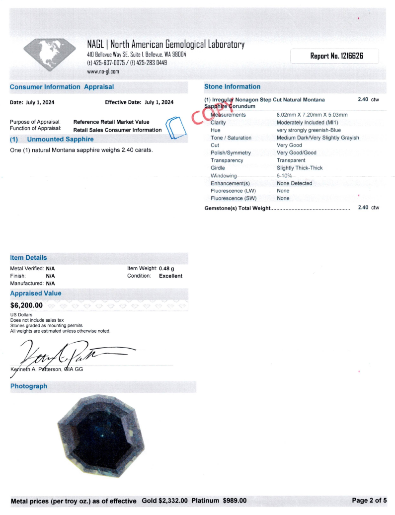 MONTANA SAPPHIRE 2.40 CT IRREGULAR STEP CUT