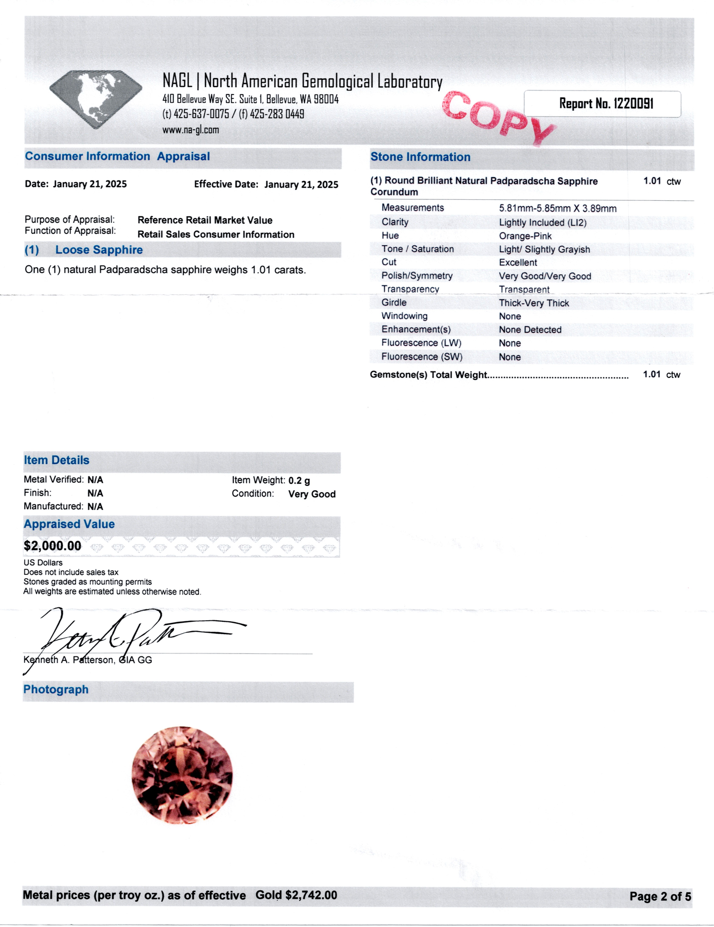 ROUND BRILLANT NATURAL PADPARADCHA SAPPHIRE