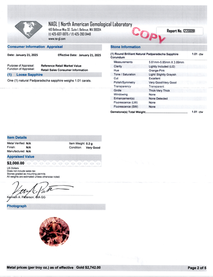 ROUND BRILLANT NATURAL PADPARADCHA SAPPHIRE