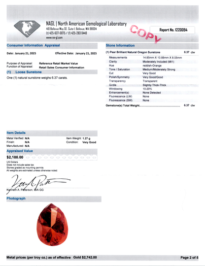 Pear Brilliant Natural Oregon Sunstone 6.37ctw.